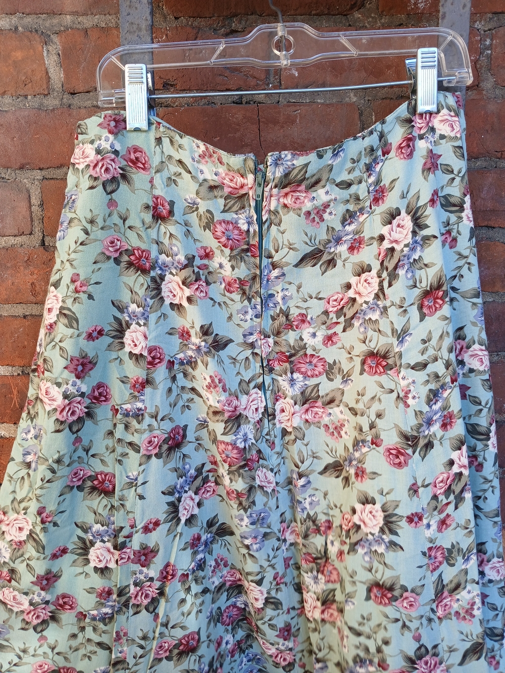Floral Maxi Skirt in Sage Green with Pink Rose Print - Picture 4 of 6